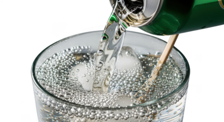 Pouring sparkling water from green bottle into clear glass with ice cubes isolated on transparent background
