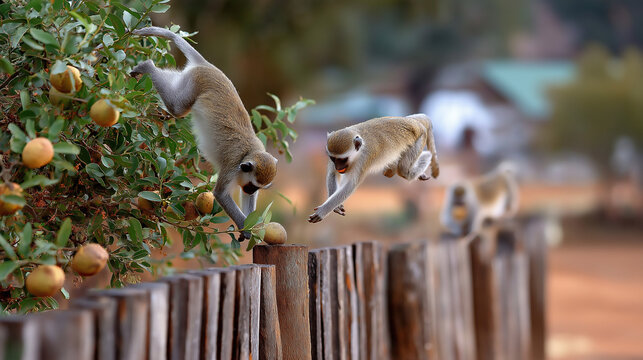 Vervet monkeys raiding a fruit tree near a village fence, cheeky scene, Africa, monkeys, wildlife, village, fruit, behavior, nature, humor, with copy space