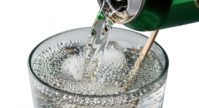 Pouring sparkling water from green bottle into clear glass with ice cubes isolated on transparent background