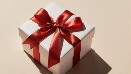 Obraz premium Elegant White Gift Box with Red Satin Ribbon and Bow.