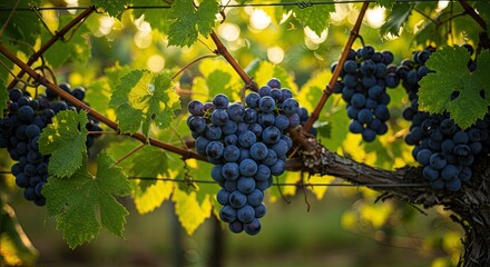 Fototapeta premium Luscious bunches of ripening grapes hang heavy on the vine in a vineyard on a sunny autumn day