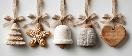 Fototapeta premium Rustic handmade Christmas ornaments and decorations arranged in a row on white background