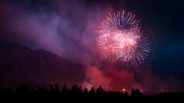 Spectacular red and pink fireworks explode over silhouetted mountains under a dark night sky