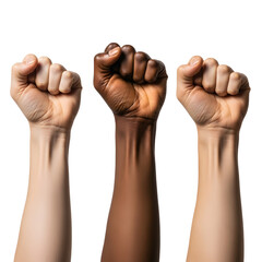 Three fists of different skin tones raised in protest isolated on transparent background