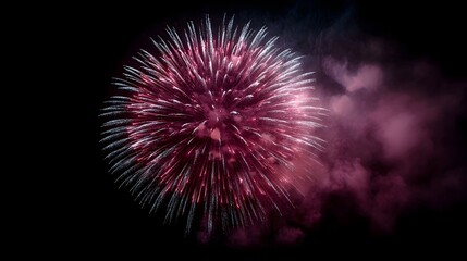 Fototapeta premium A brilliant pink and silver firework bursts across the dark night sky creating a radiant explosion of light and smoke