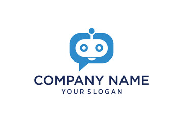 Fototapeta premium Modern Blue Robot Chat Bot Logo in Speech Bubble for AI Communication Technology