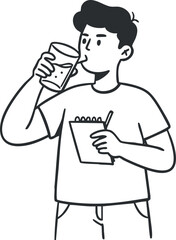 A casual illustration of a person holding a drink while taking notes.