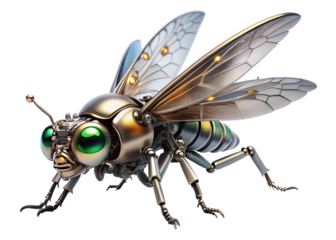 A steampunkstyle mechanical insect with iridescent wings and intricate details isolated on transparent background