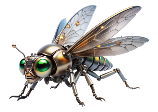 A steampunkstyle mechanical insect with iridescent wings and intricate details isolated on transparent background