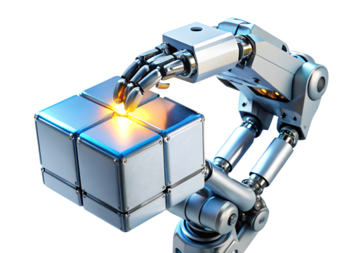 Robotic arm holding a glowing cube, symbolizing artificial intelligence isolated on transparent background - Powered by Adobe