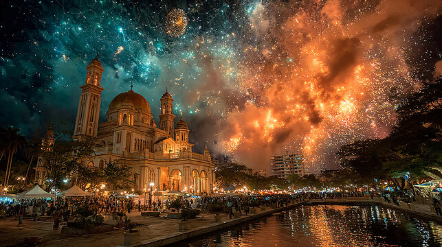 The illuminated Basilica de la Chinita glowing under fireworks, thousands of people gathered in devotion and joy, traditional music and food stalls surrounding the plaza.
