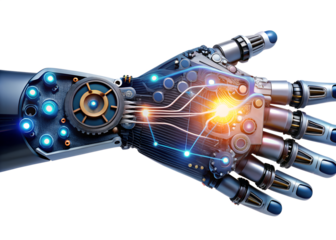 Mechanical robot hand with gears and electronic components isolated on transparent background