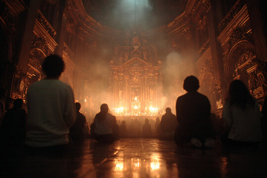 Inside the Basilica of Our Lady of Chiquinquir&aacute; during Feria de la Chinita. Devotees kneeling in prayer, golden altar illuminated by candles, incense smoke drifting upward.
