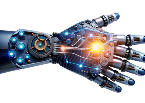 Mechanical robot hand with gears and electronic components isolated on transparent background