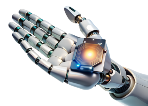 Advanced robotic hand holding a circuit board, symbolizing technological advancement isolated on transparent background