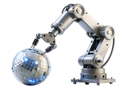 Robotic arm holding a disco ball isolated on transparent background, a symbol of technology and fun