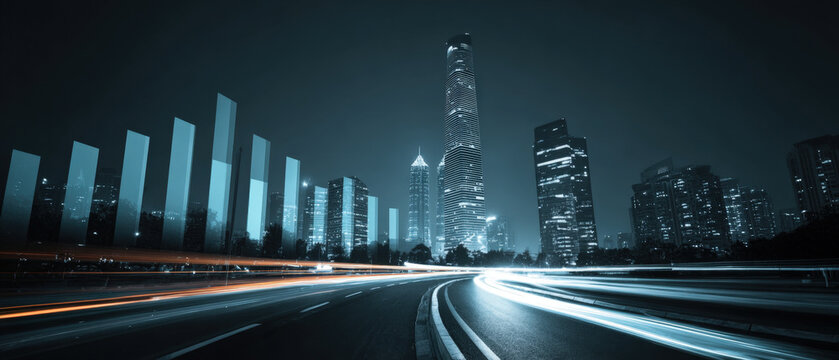 Night cityscape with glowing skyscrapers, traffic trails, and translucent financial charts