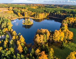 Aerial view of a picturesque lake surrounded by autumn trees and nature