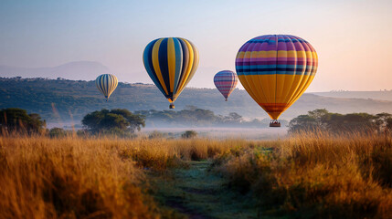 Obraz premium Sunrise hot air balloons floating above the Maasai Mara, herds below, Africa, balloons, safari, landscape, sunrise, tourism, adventure, with copy space