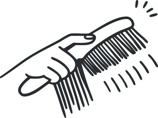 A simple line art illustration of a hand holding a comb for hair grooming.