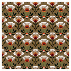 This striking pattern features bold and vibrant flowers with a contrasting mix of off-white petals and deep,earthy centers in shades of red and orange. The flowers, surrounded by dark green leaves.