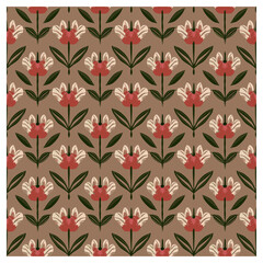 This elegant design showcases delicate flowers in soft, earthy tones. The blossoms, with their subtle mix of red and off-white hues, stand out against the neutral beige background. Each flower.