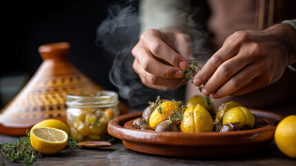 Chef preparing tagine with preserved lemons and olives, clay pot steam, Africa, tagine, cuisine, Morocco, food, cooking, flavor, traditional, with copy space