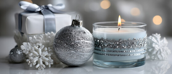 Elegant silver and white Christmas decorations arranged in a row on a white background