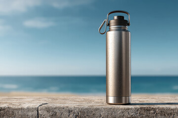 Stainless steel water bottle mockup on stone plinth with condensation and horizon