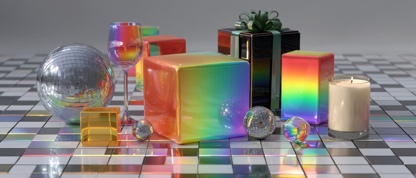 Colorful futuristic holographic New Year objects in a 2x4 grid on white background