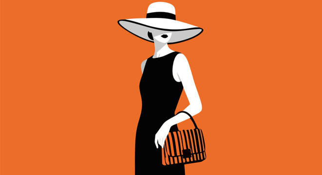 Stylish woman in black dress and hat against orange