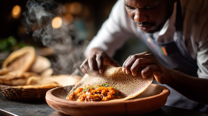 Chef flipping injera onto clay plate beside spicy wot, steam rising, Africa, injera, Ethiopian food, cuisine, cooking, tradition, restaurant, with copy space