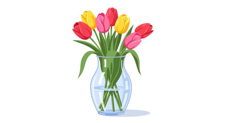 Vibrant bouquet of red pink and yellow tulips in a clear glass vase.