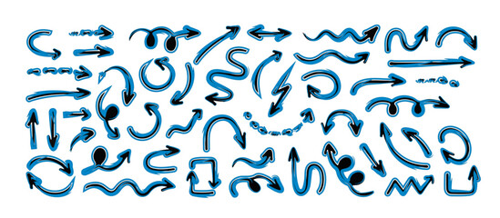 arrow brush Mega set of hand-drawn blue and black sketch arrows. Doodle pointer elements for direction, navigation, rewind, zigzag, and curvy signs.
