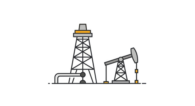 Industrial oil rig and pumpjack with pipeline illustration.
