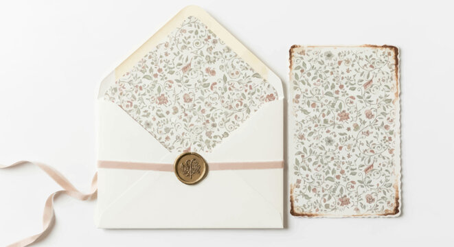 Elegant Open Envelope with Floral Lining Wax Seal and Matching Card.