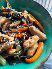 Asian buckwheat noodles with chicken and vegetables in sauce