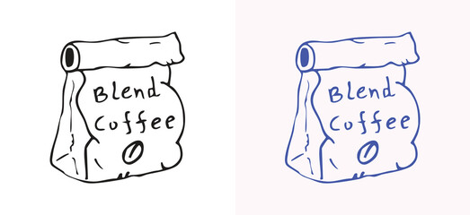 A playful hand drawn coffee blend bag in black and blue in doodle style, ideal for coffee packaging and product branding.