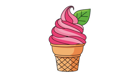 A vibrant cartoon illustration of a pink soft-serve ice cream cone with a fresh green leaf.