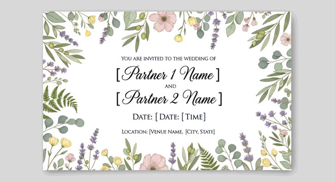 Elegant Floral Wedding Invitation Card Template with Botanical Border.