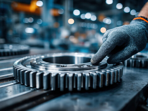Gloved hands align steel gears in a precise circle under industrial lighting