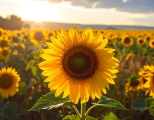 Beautiful close-up of a vibrant sunflower in a field at sunset