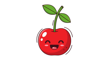 Adorable cartoon red cherry with a happy face and green leaves.