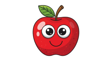 Cartoon Red Apple with Smiling Face and Green Leaf.