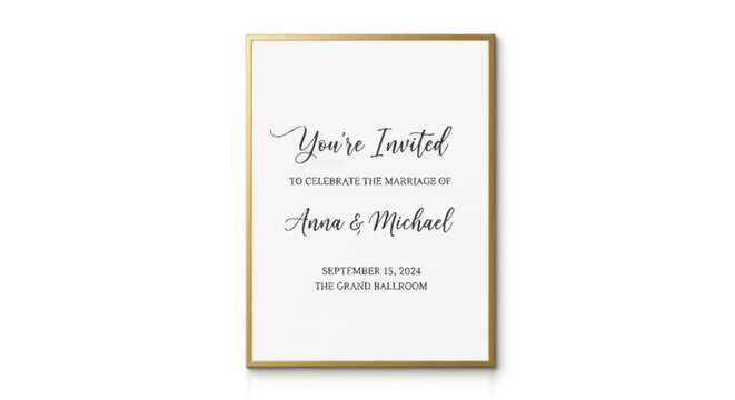 A framed wedding invitation with elegant calligraphy script for Anna and Michaels marriage ceremony.
