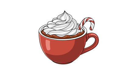 A festive red mug of hot chocolate topped with whipped cream and a candy cane, perfect for a cozy winter treat.