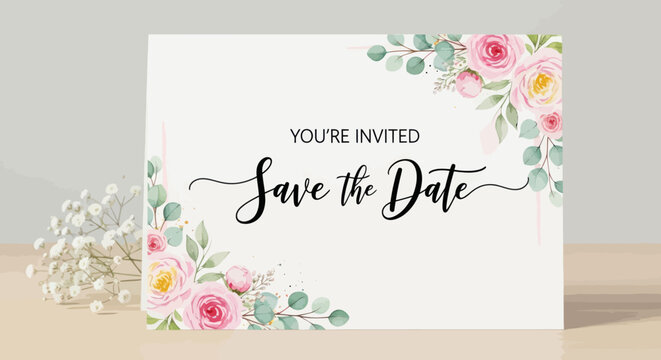 Elegant Save the Date wedding invitation card with beautiful pink watercolor roses and script typography.