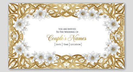Elegant Wedding Invitation Template with Golden Ornament and White Floral Accents.
