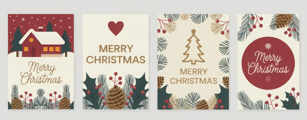 Set of Christmas greeting cards featuring festive illustrations and elegant typography perfect for holiday wishes and seasonal designs