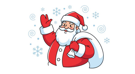 Cheerful Santa Claus Waving with Gift Sack.